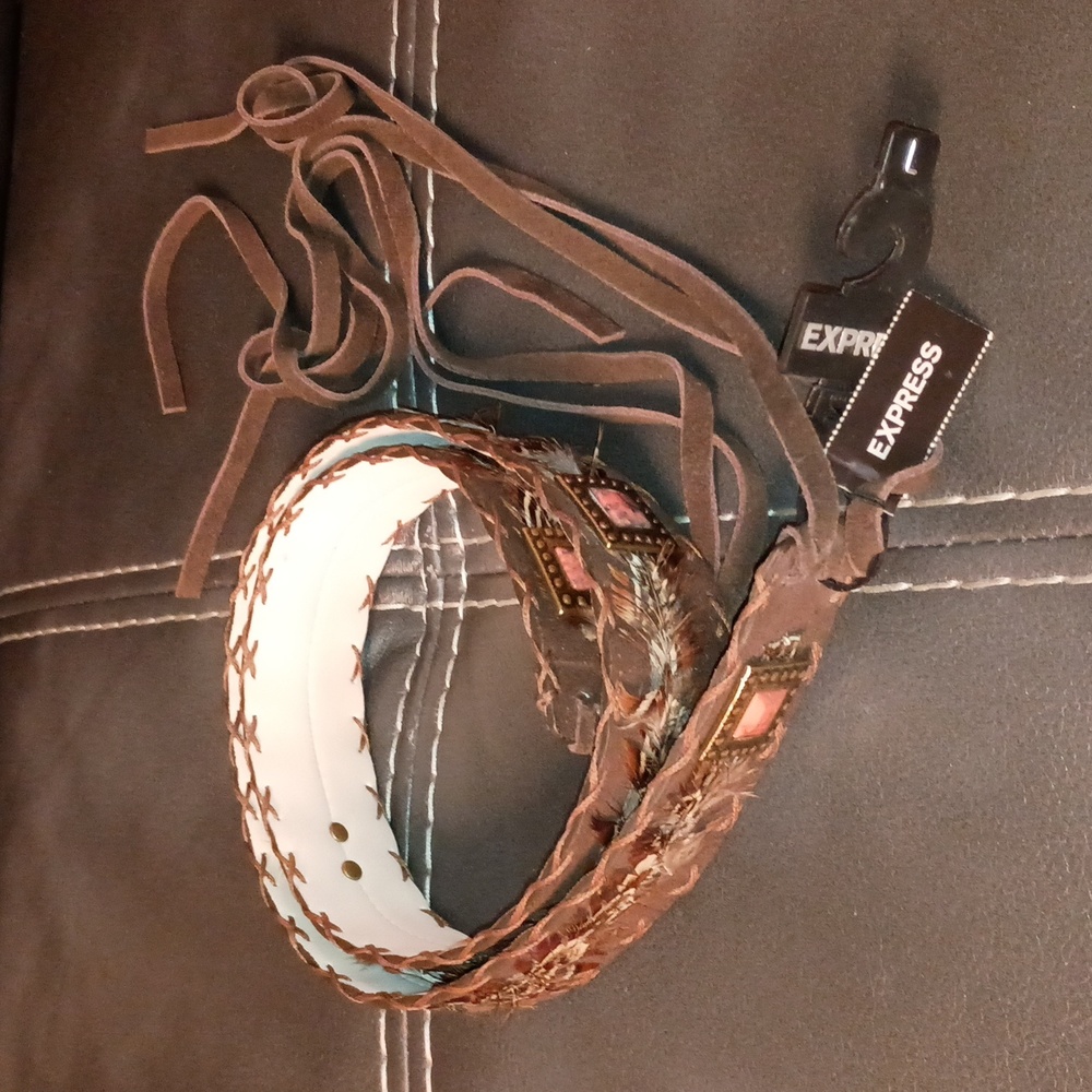 Express brown tie belt leather and feathers Size Large Marbled peach studs Rare - Picture 5 of 9
